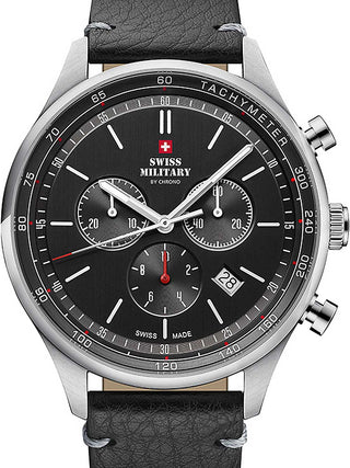 Front view of Swiss Military By Chrono Chronograph SM34081.06 Black Leather Unisex Watch on white background