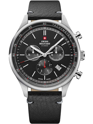 Angle shot of Swiss Military By Chrono Chronograph SM34081.06 Black Leather Unisex Watch on white background