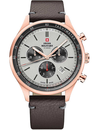 Angle shot of Swiss Military By Chrono Chronograph SM34081.09 Grey Leather Unisex Watch on white background
