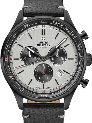 Front view of Swiss Military By Chrono Chronograph SM34081.11 Grey Dial Black Leather Unisex Watch on white background