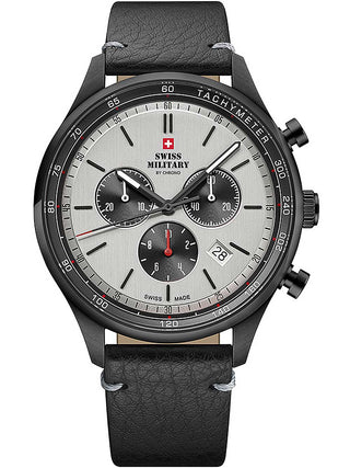 Angle shot of Swiss Military By Chrono Chronograph SM34081.11 Grey Dial Black Leather Unisex Watch on white background