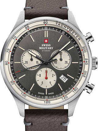 Front view of Swiss Military By Chrono Chronograph SM34081.12 Grey Leather Unisex Watch on white background