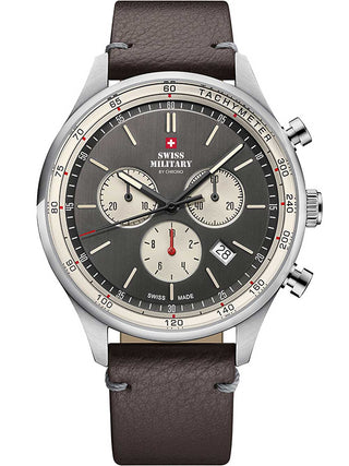Angle shot of Swiss Military By Chrono Chronograph SM34081.12 Grey Leather Unisex Watch on white background