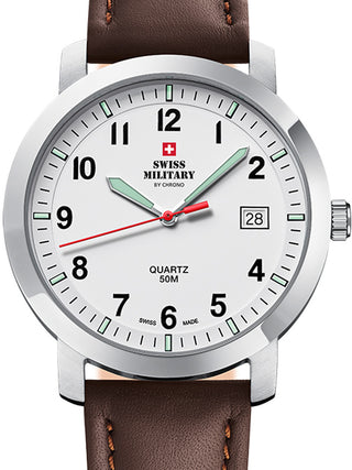 Front view of Swiss Military By Chrono SM34083.11 White Dial Brown Leather Unisex Watch on white background