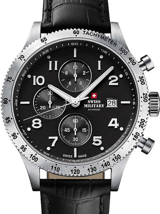 Front view of Swiss Military By Chrono Chronograph SM34084.05 Black Leather Unisex Watch on white background