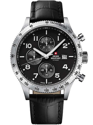 Angle shot of Swiss Military By Chrono Chronograph SM34084.05 Black Leather Unisex Watch on white background