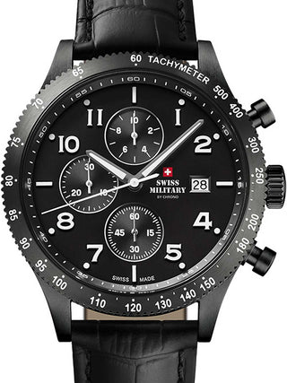 Front view of Swiss Military By Chrono Chronograph SM34084.07 Black Leather Unisex Watch on white background