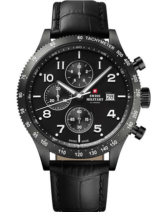 Angle shot of Swiss Military By Chrono Chronograph SM34084.07 Black Leather Unisex Watch on white background
