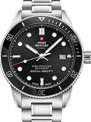 Front view of Swiss Military By Chrono SM34088.01 Black Dial Silver Stainless Steel Unisex Watch on white background