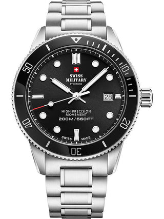 Angle shot of Swiss Military By Chrono SM34088.01 Black Dial Silver Stainless Steel Unisex Watch on white background