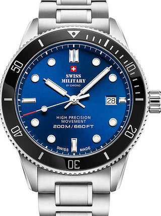 Front view of Swiss Military By Chrono SM34088.02 Blue Dial Silver Stainless Steel Unisex Watch on white background