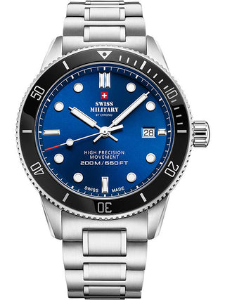 Angle shot of Swiss Military By Chrono SM34088.02 Blue Dial Silver Stainless Steel Unisex Watch on white background