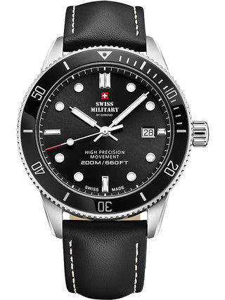 Angle shot of Swiss Military By Chrono SM34088.04 Black Leather Unisex Watch on white background