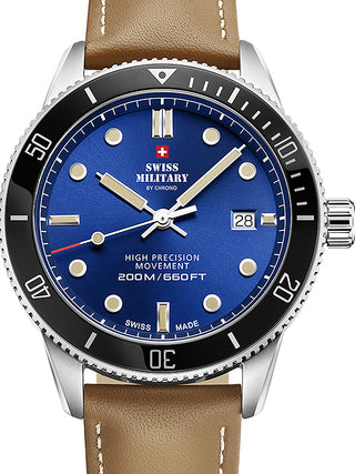 Front view of Swiss Military By Chrono SM34088.05 Blue Dial Brown Leather Unisex Watch on white background
