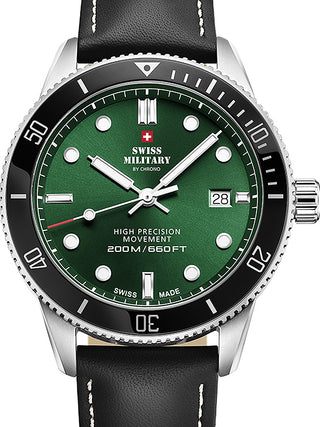 Front view of Swiss Military By Chrono SM34088.06 Green Dial Black Leather Unisex Watch on white background