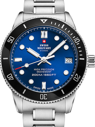 Front view of Swiss Military By Chrono SM34089.02 Blue Dial Silver Stainless Steel Womens Watch on white background