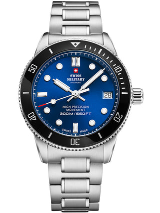 Angle shot of Swiss Military By Chrono SM34089.02 Blue Dial Silver Stainless Steel Womens Watch on white background