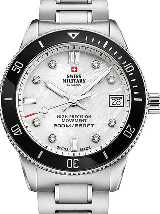 Front view of Swiss Military By Chrono SM34089.03 Mother Of Pearl Dial Silver Stainless Steel Womens Watch on white background