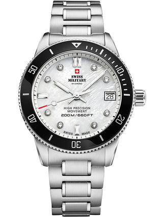 Angle shot of Swiss Military By Chrono SM34089.03 Mother Of Pearl Dial Silver Stainless Steel Womens Watch on white background