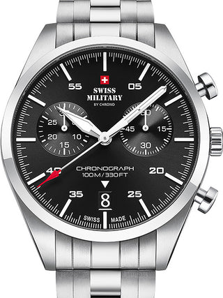 Front view of Swiss Military By Chrono Chronograph SM34090.01 Black Dial Silver Stainless Steel Unisex Watch on white background