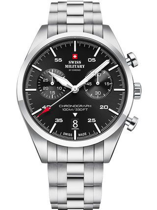 Angle shot of Swiss Military By Chrono Chronograph SM34090.01 Black Dial Silver Stainless Steel Unisex Watch on white background