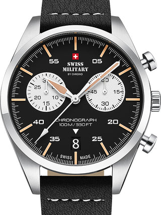 Front view of Swiss Military By Chrono Chronograph SM34090.03 Black Leather Unisex Watch on white background
