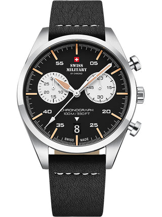 Angle shot of Swiss Military By Chrono Chronograph SM34090.03 Black Leather Unisex Watch on white background