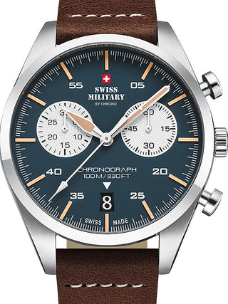 Front view of Swiss Military By Chrono Chronograph SM34090.04 Blue Dial Brown Leather Unisex Watch on white background