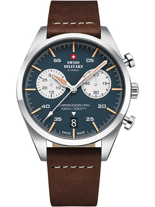Angle shot of Swiss Military By Chrono Chronograph SM34090.04 Blue Dial Brown Leather Unisex Watch on white background