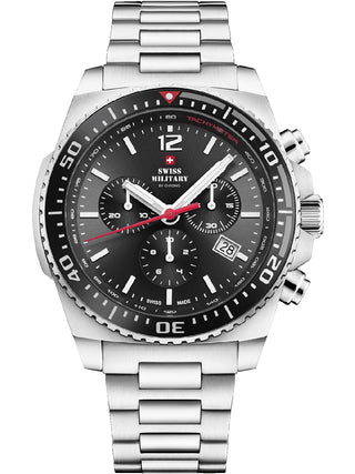 Angle shot of Swiss Military By Chrono Chronograph SM34093.01 Black Dial Silver Stainless Steel Unisex Watch on white background
