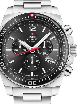 Front view of Swiss Military By Chrono Chronograph SM34093.01 Black Dial Silver Stainless Steel Unisex Watch on white background