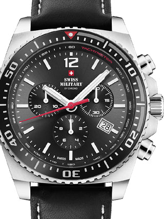 Front view of Swiss Military By Chrono Chronograph SM34093.03 Black Leather Unisex Watch on white background