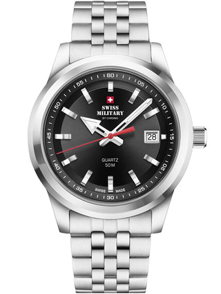 Angle shot of Swiss Military By Chrono SM34094.01 Black Dial Silver Stainless Steel Unisex Watch on white background
