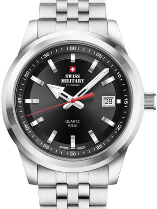 Front view of Swiss Military By Chrono SM34094.01 Black Dial Silver Stainless Steel Unisex Watch on white background