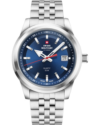 Angle shot of Swiss Military By Chrono SM34094.03 Blue Dial Silver Stainless Steel Unisex Watch on white background