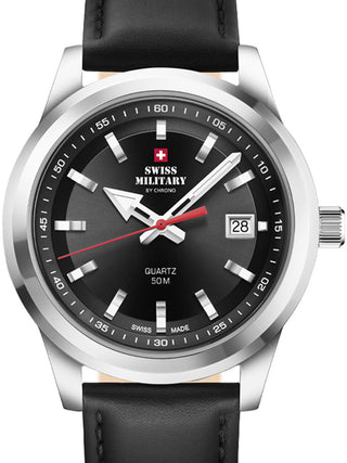 Front view of Swiss Military By Chrono SM34094.05 Black Leather Unisex Watch on white background