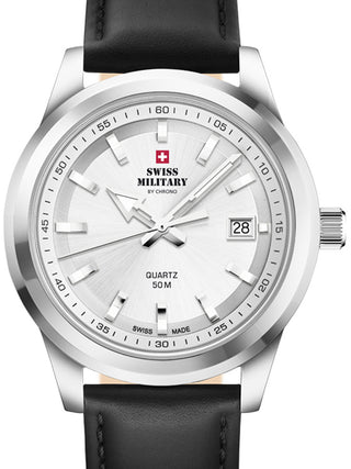 Front view of Swiss Military By Chrono SM34094.06 Silver Dial Black Leather Unisex Watch on white background