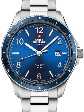 Front view of Swiss Military By Chrono SM34096.03 Blue Dial Silver Stainless Steel Unisex Watch on white background