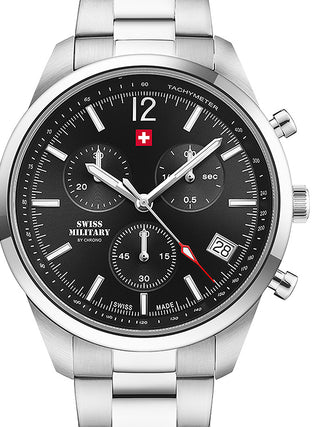 Front view of Swiss Military By Chrono Chronograph SM34097.01 Black Dial Silver Stainless Steel Unisex Watch on white background