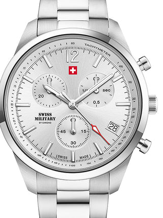 Front view of Swiss Military By Chrono Chronograph SM34097.02 Silver Stainless Steel Unisex Watch on white background