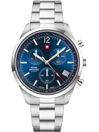 Angle shot of Swiss Military By Chrono Chronograph SM34097.03 Blue Dial Silver Stainless Steel Unisex Watch on white background