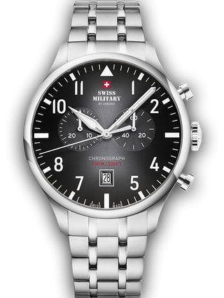 Angle shot of Swiss Military By Chrono Chronograph SM34098.01 Grey Dial Silver Stainless Steel Unisex Watch on white background