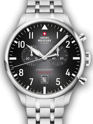 Front view of Swiss Military By Chrono Chronograph SM34098.01 Grey Dial Silver Stainless Steel Unisex Watch on white background