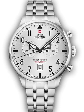 Angle shot of Swiss Military By Chrono Chronograph SM34098.02 Silver Stainless Steel Unisex Watch on white background