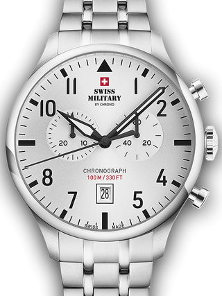 Front view of Swiss Military By Chrono Chronograph SM34098.02 Silver Stainless Steel Unisex Watch on white background