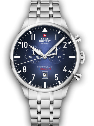 Angle shot of Swiss Military By Chrono Chronograph SM34098.03 Blue Dial Silver Stainless Steel Unisex Watch on white background
