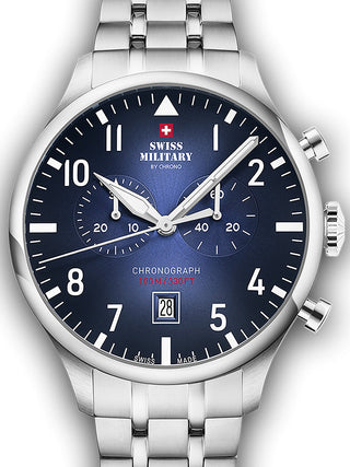 Front view of Swiss Military By Chrono Chronograph SM34098.03 Blue Dial Silver Stainless Steel Unisex Watch on white background