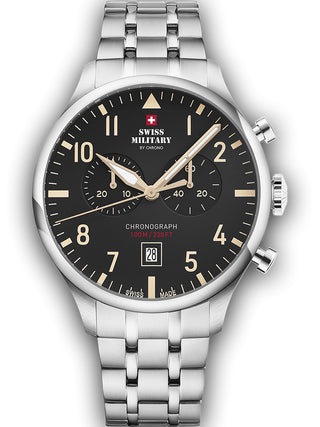 Angle shot of Swiss Military By Chrono Chronograph SM34098.04 Black Dial Silver Stainless Steel Unisex Watch on white background