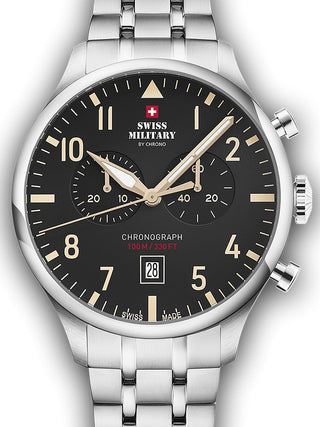 Front view of Swiss Military By Chrono Chronograph SM34098.04 Black Dial Silver Stainless Steel Unisex Watch on white background