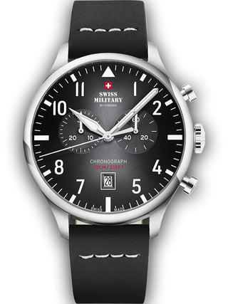 Angle shot of Swiss Military By Chrono Chronograph SM34098.05 Grey Dial Black Leather Unisex Watch on white background